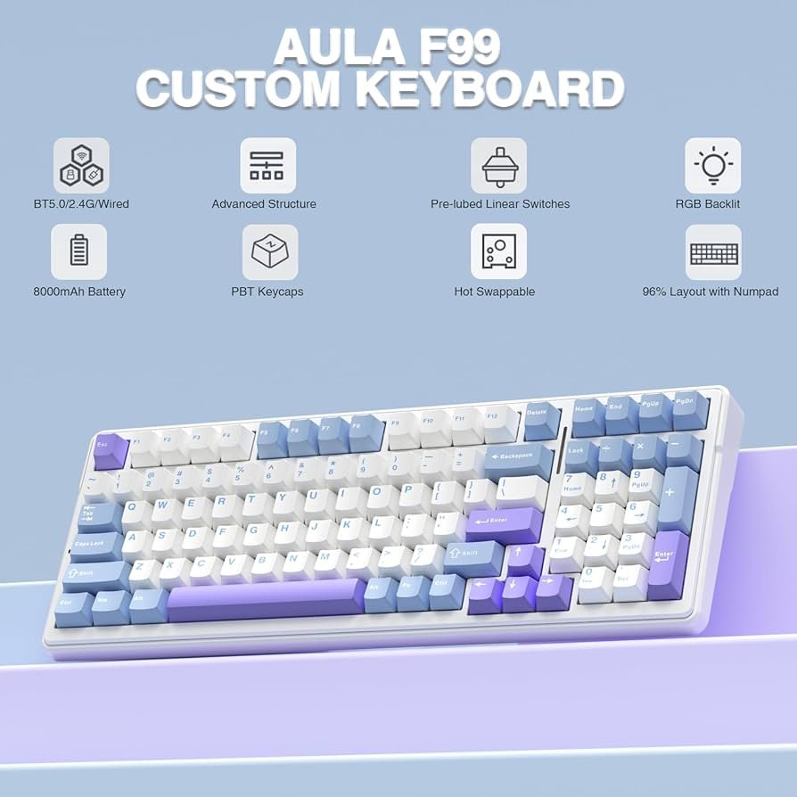 AULA F99 Tri Mode (Graywood V3 Switch) Purple White (White+Blue+Purple Key) Gaming Keyboard - Image 2