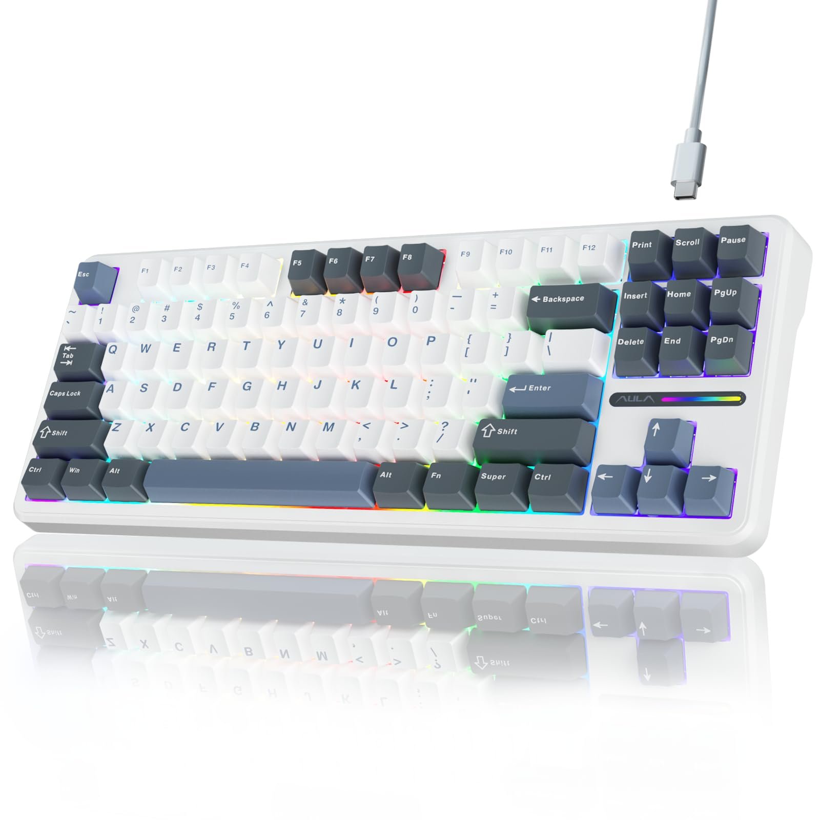AULA F87 Gasket Tri Mode RGB Hot Swap (Leobog Switch) Ice Blue (White+Gray+Blue Key) Mechanical Gaming Keyboard - Image 3